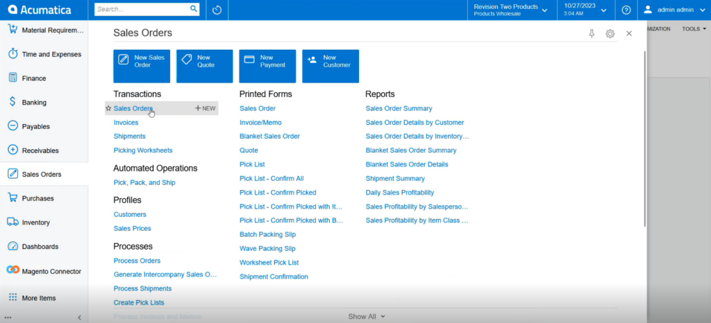 Acumatica Sales Order Screen